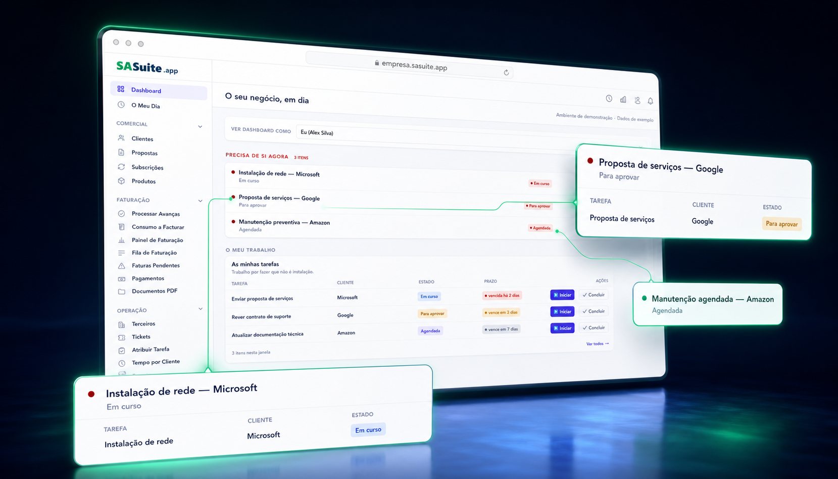 Demonstração do SASuite em empresa.sasuite.app com clientes e tarefas de exemplo